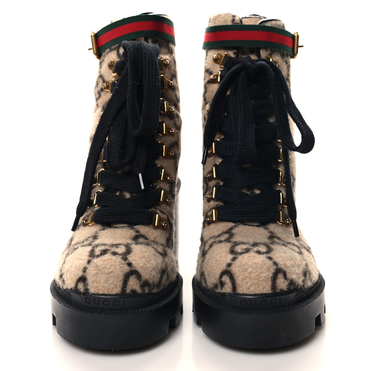 Covered Wool GG Monogram Womens Lace Up Combat Ankle Boots 38.5 Beige Ebony Black
