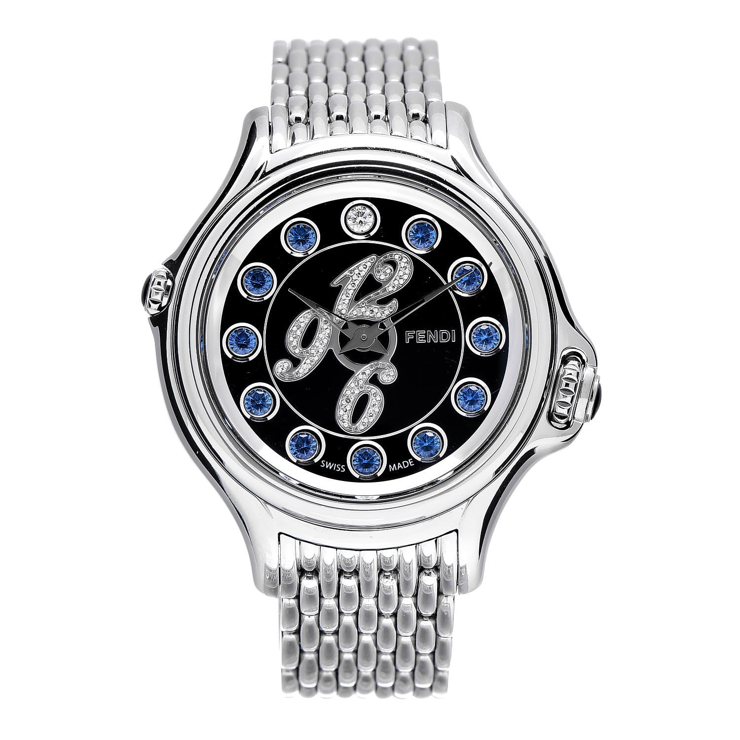 Fendi Stainless Steel Diamond Pave Topaz 33mm Crazy Carats Quartz Watch Black 1 of 10