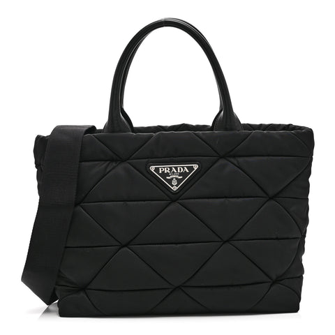Re-Nylon Nappa Triangle Quilted Padded Small Double Handled Zip Tote Black