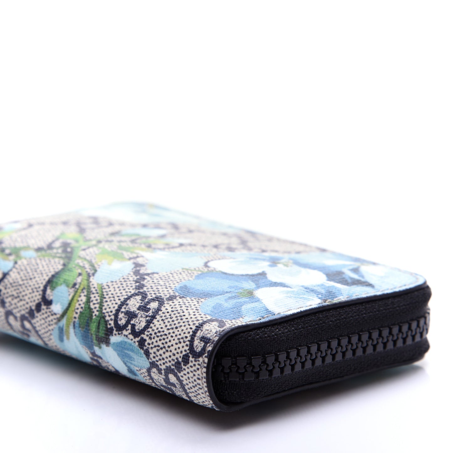 GG Supreme Monogram Blooms Zip Around Card Case Wallet Beige Blue Navy