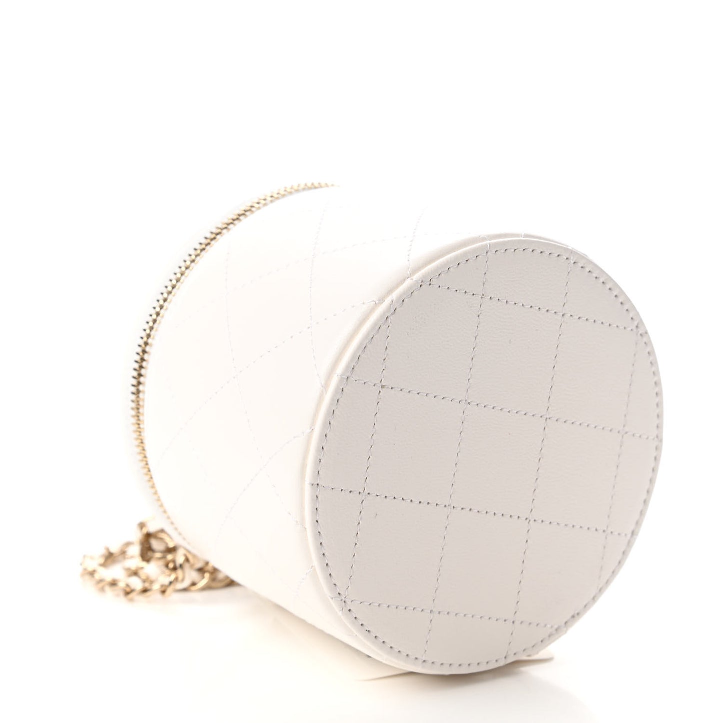 Lambskin Quilted Round Small Vanity Case With Chain White Black