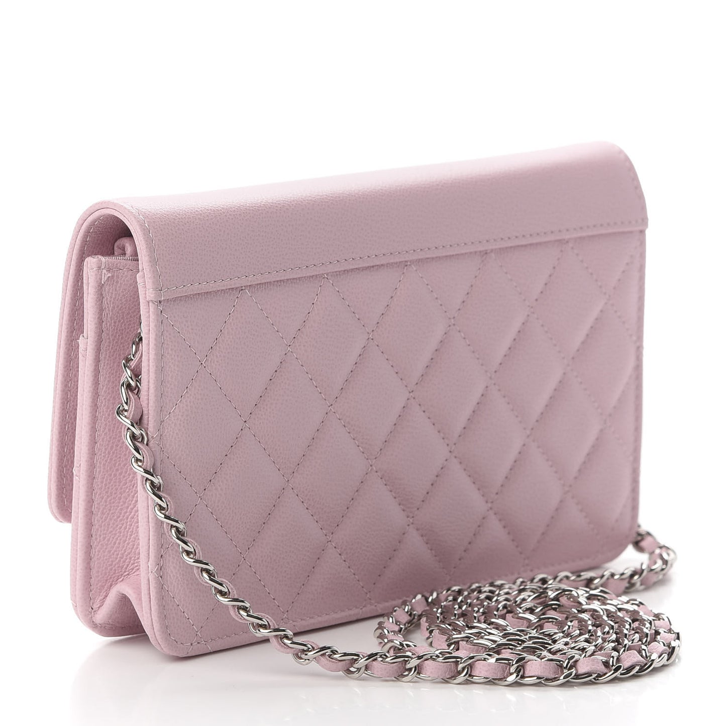 Grained Calfskin Quilted CC Box Wallet On Chain WOC Light Pink
