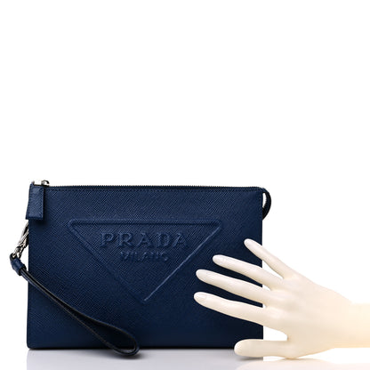 Prada Saffiano Cuir Triangle Logo Embossed Wristlet Pouch Bluette 2 of 8