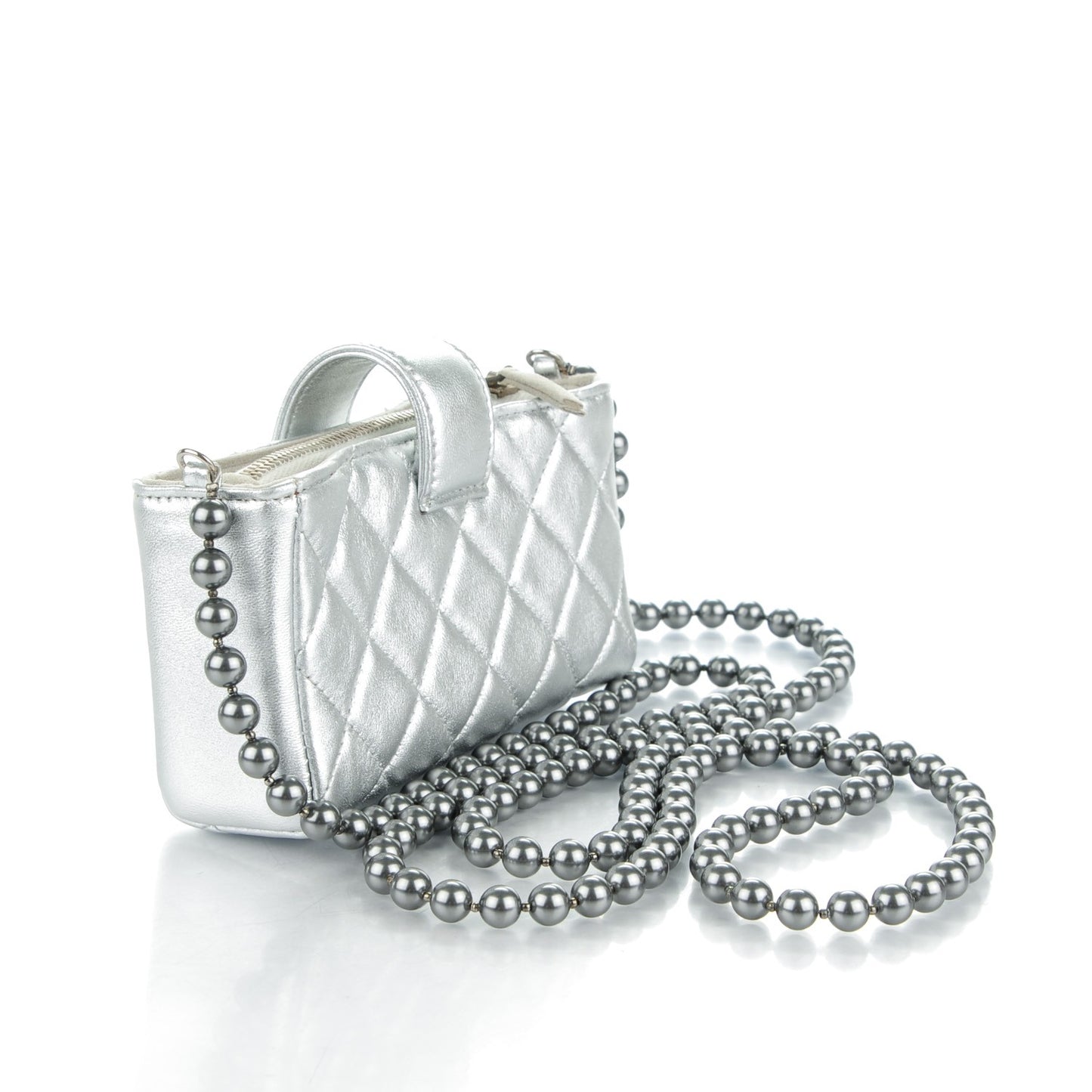 Metallic Lambskin Quilted Pearl Chain Mini Love Symbols Bag Silver
