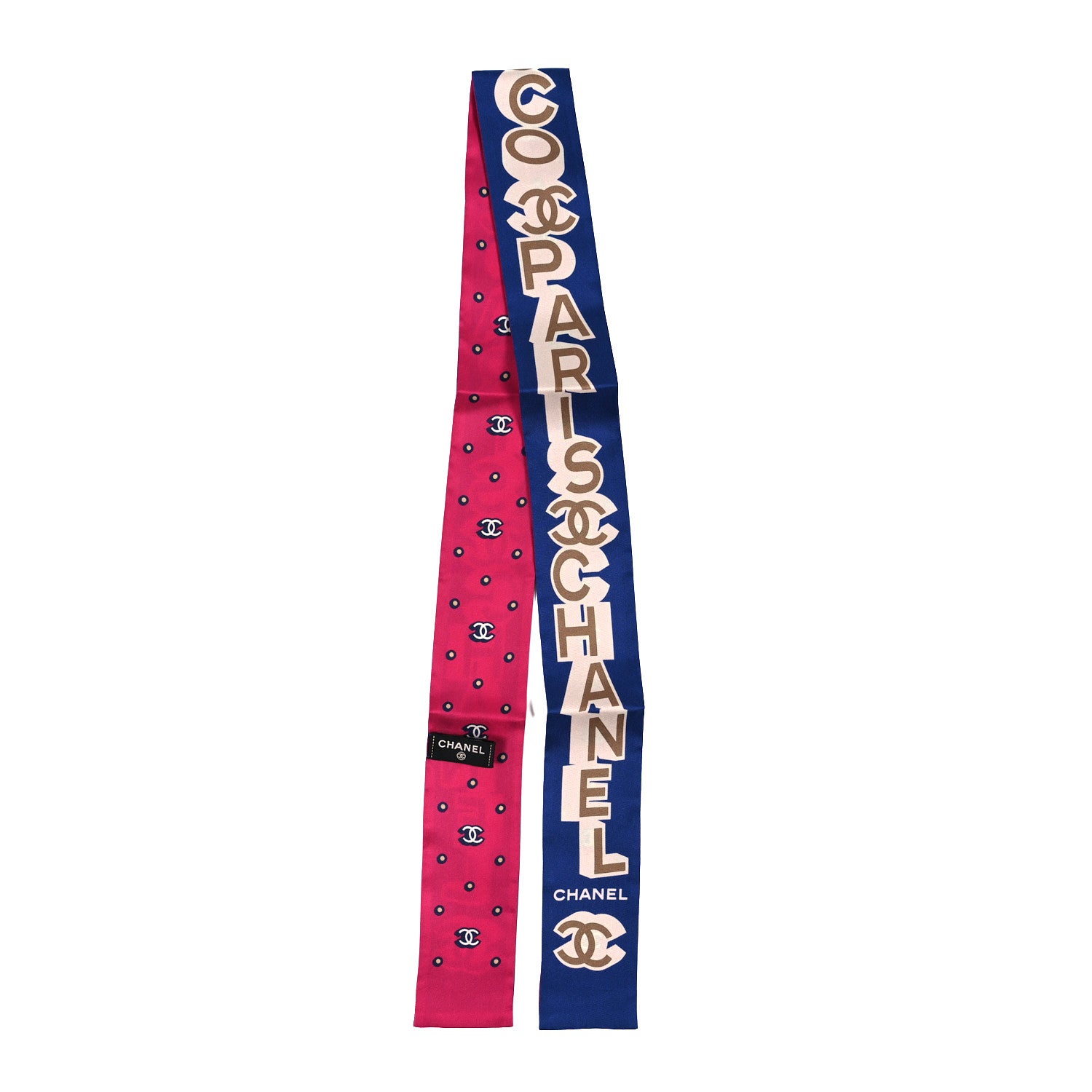 Chanel Silk Twill Slim Logo Bandeau Scarf Navy Pink 2 of 3