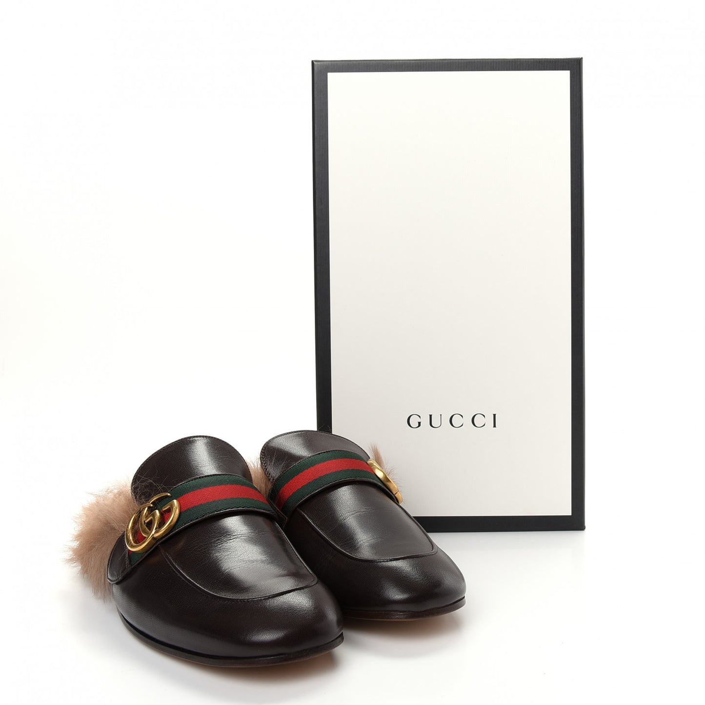 Goatskin Fur Web GG Mens Princetown Slippers 9 Cocoa