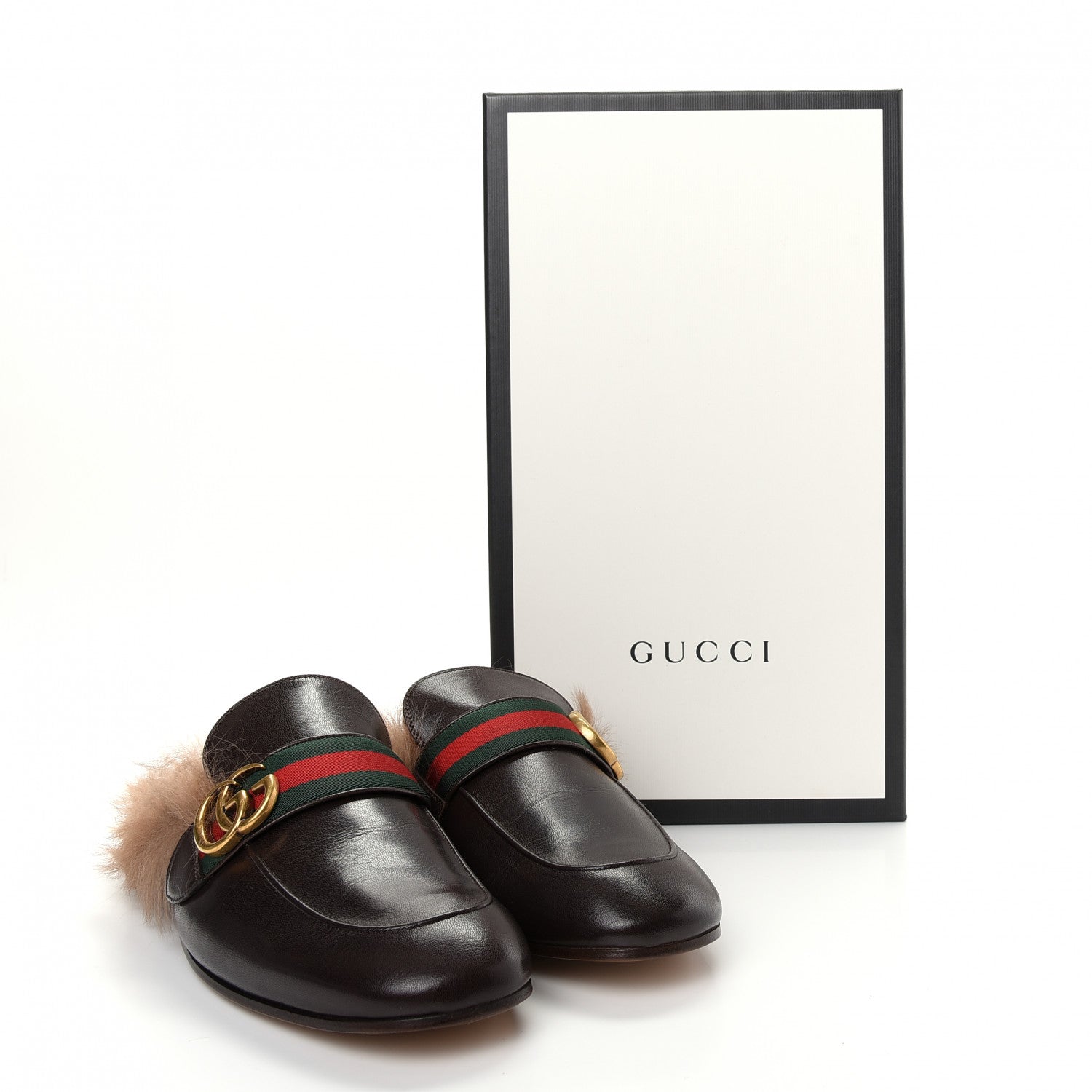 Gucci Goatskin Fur Web GG Mens Princetown Slippers 9 Cocoa 10 of 10