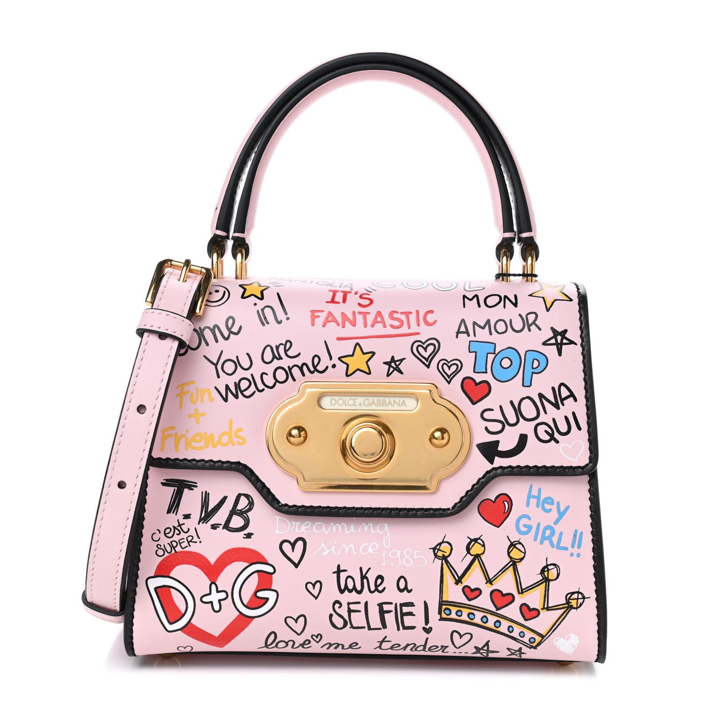 Calfskin Graffiti Printed Welcome Satchel Pink Black