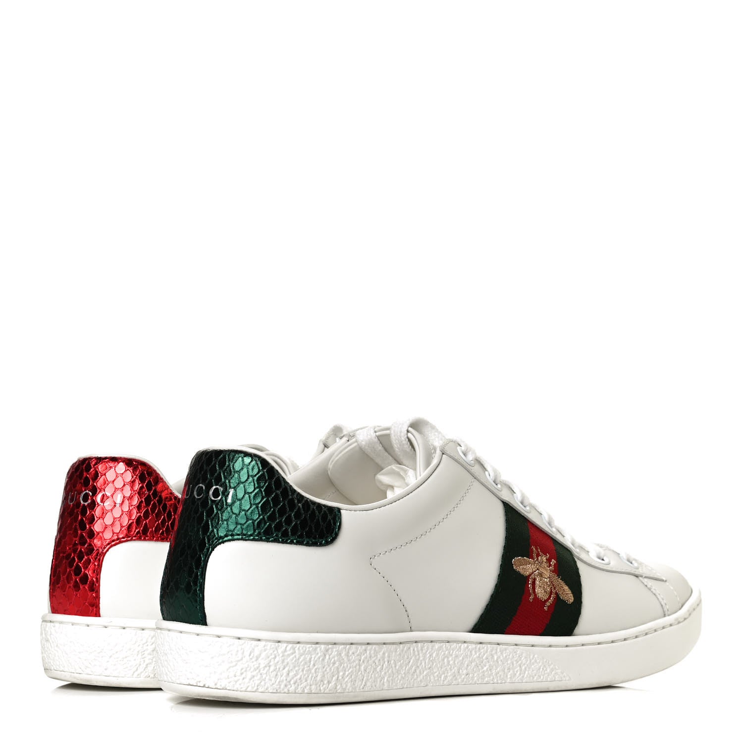 Gucci Calfskin Ayers Bee Embroidered Womens Ace Sneakers 37.5 White Green 4 of 9