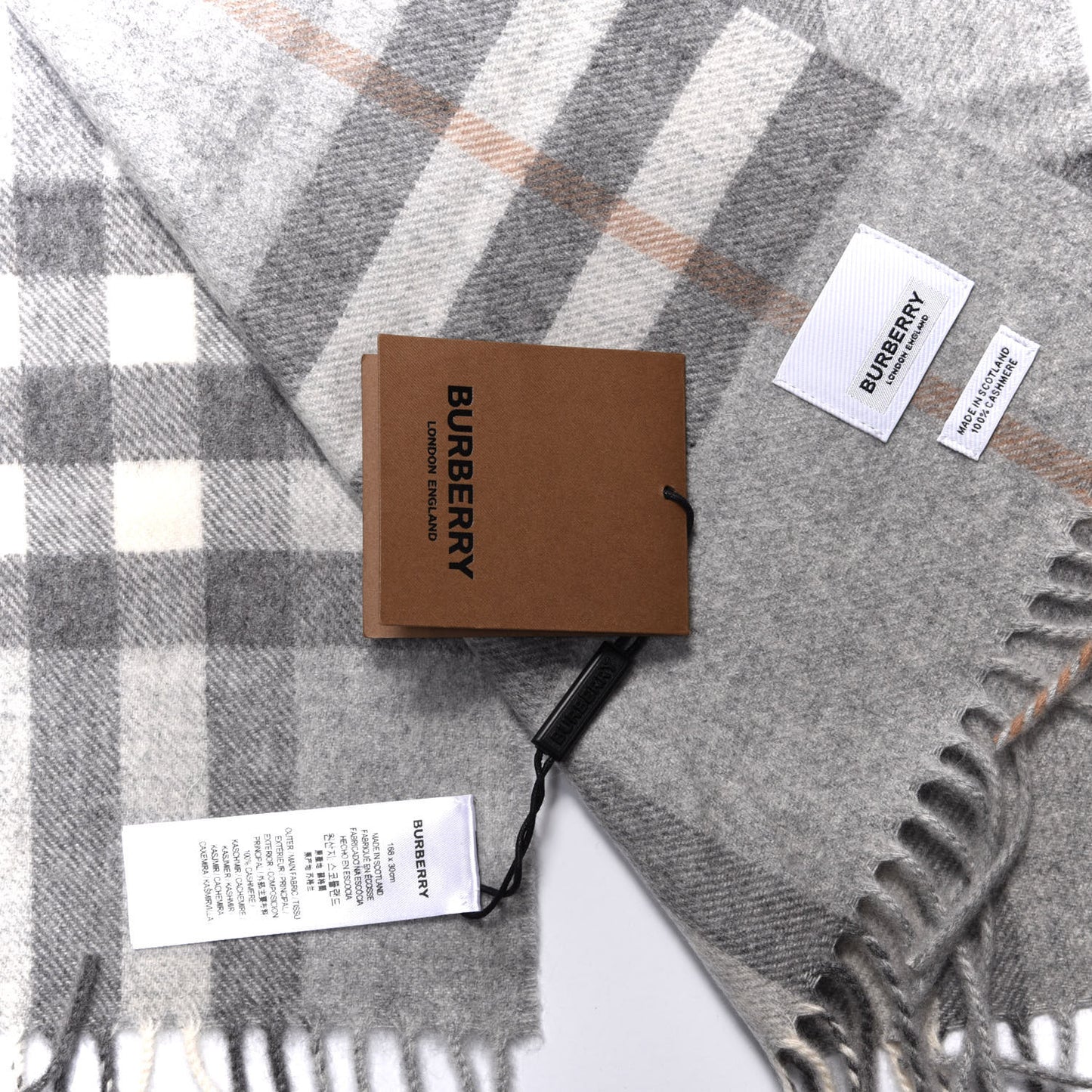 Cashmere Giant Check Fringe Scarf Light Grey