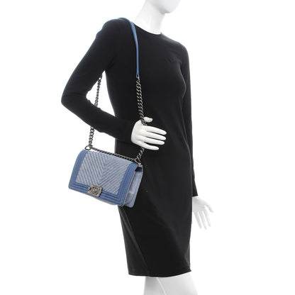 Chanel Denim Chevron Quilted Medium Boy Flap Blue 2 of 8