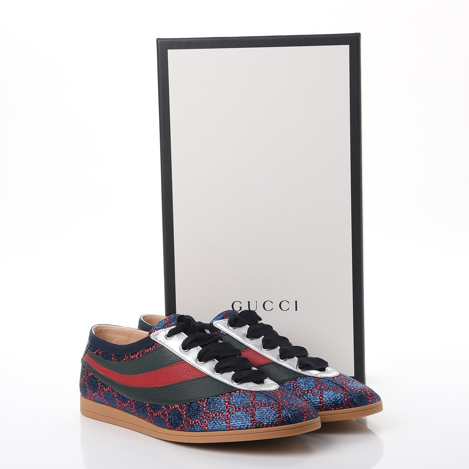 Gucci Lurex Calfskin Web GG Monogram Mens Falacer Sneakers 9 Iridescent Blue Iridescent Red Silver 11 of 11