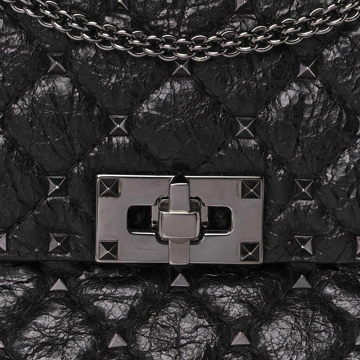 Craquele Nappa Large Rockstud Spike Shoulder Bag Black