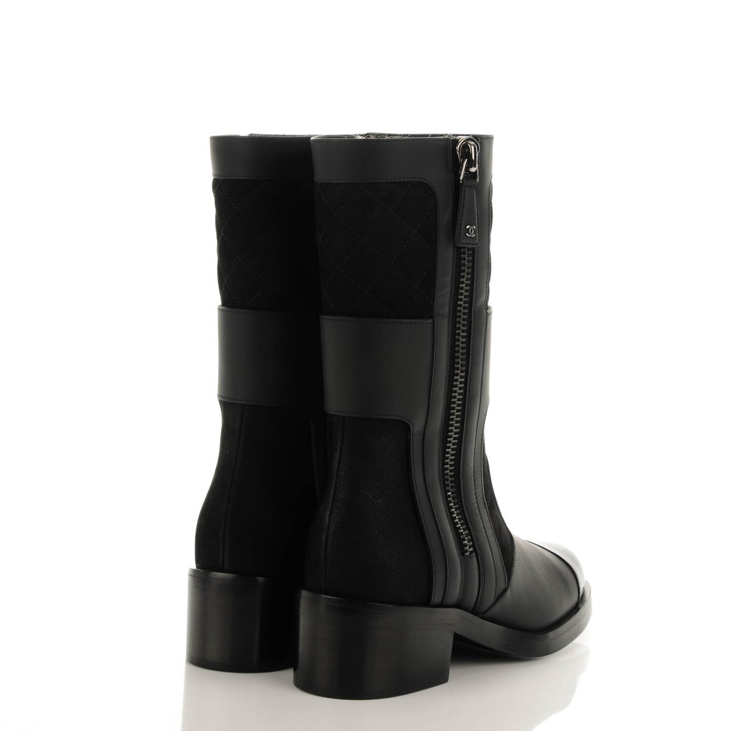 Calfskin Quilted Patent Cap Toe Boots 35.5 Black
