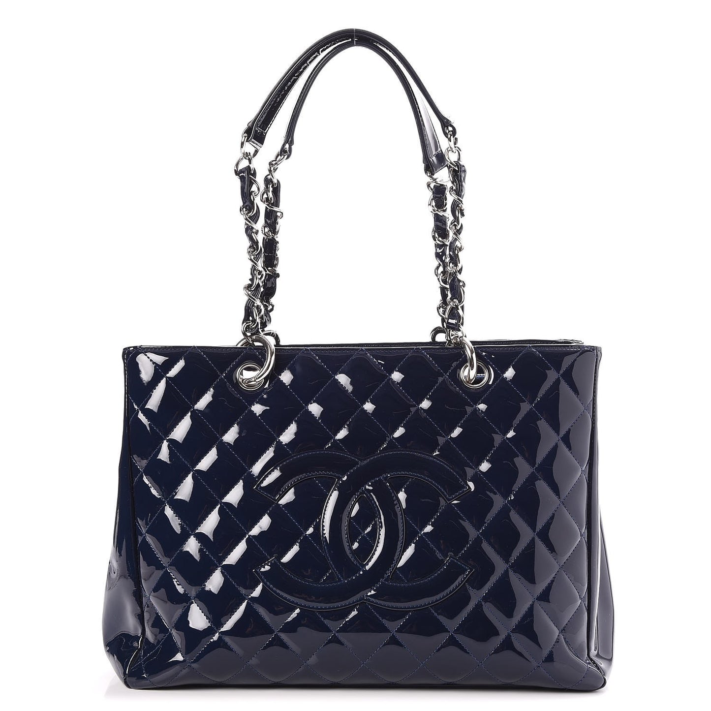 Patent Quilted Grand Shopping Tote GST Navy Blue