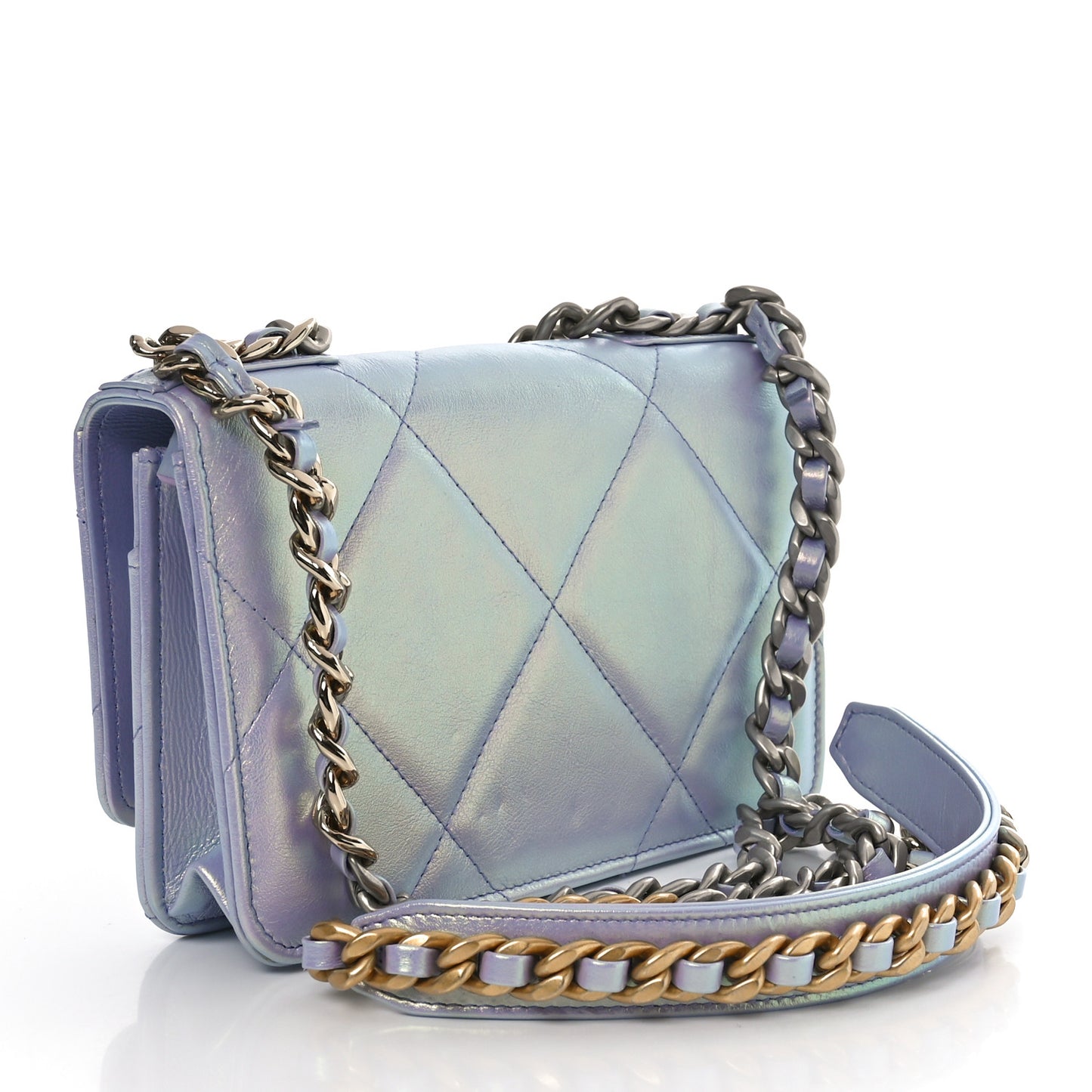 Iridescent Calfskin Quilted Chanel 19 Wallet On Chain WOC Light Purple