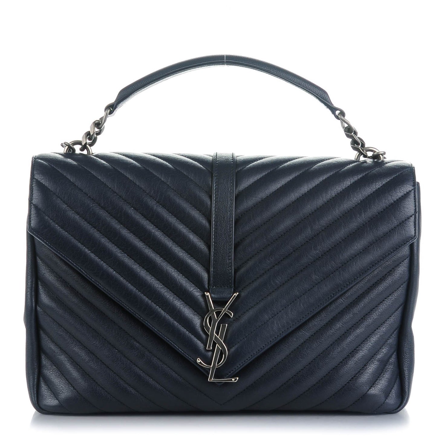 Sheepskin Matelasse Chevron Monogram Large College Satchel Navy Blue