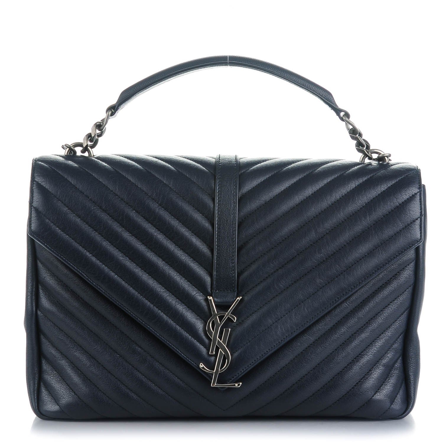 Saint Laurent Sheepskin Matelasse Chevron Monogram Large College Satchel Navy Blue 1 of 8