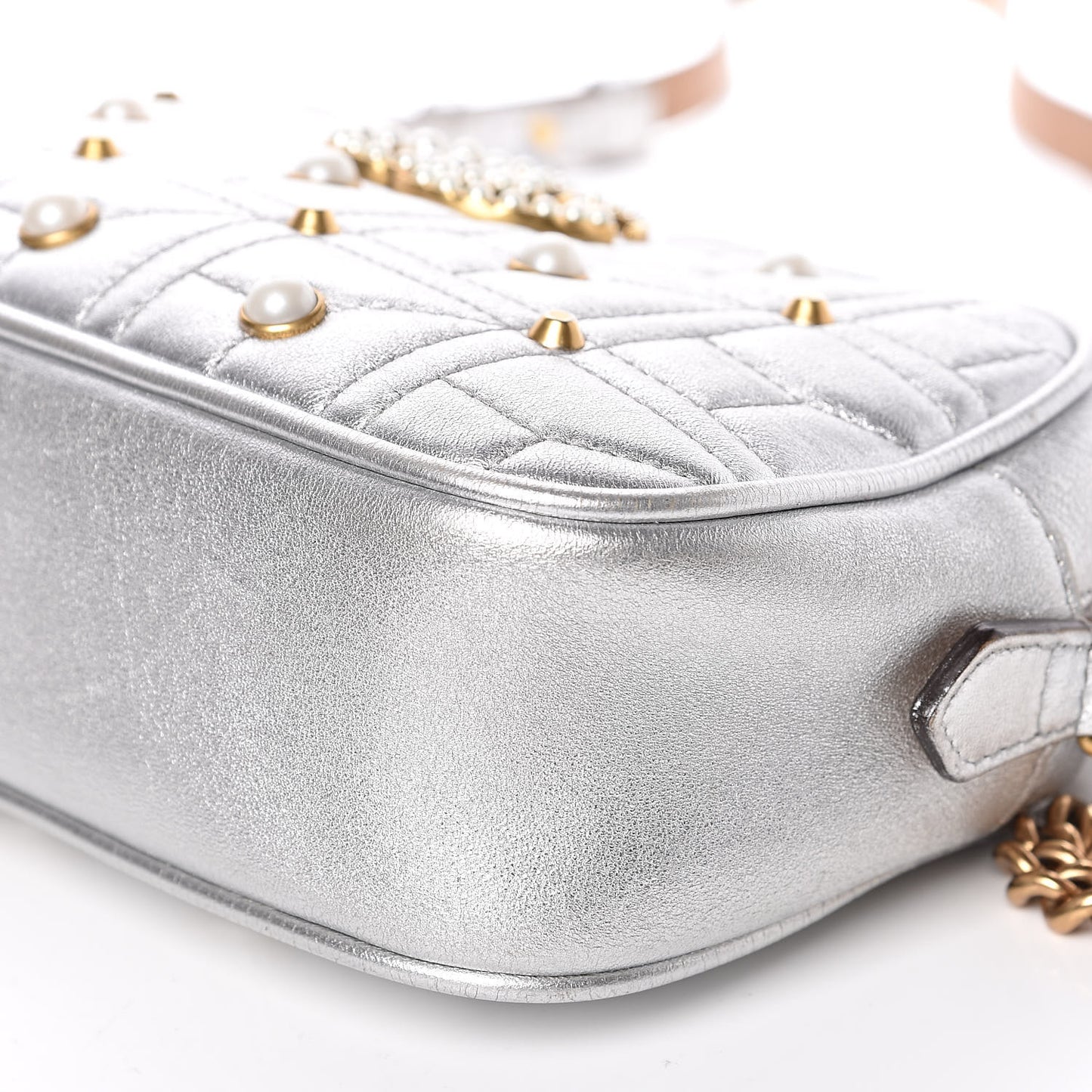 Metallic Calfskin Matelasse Studded Small Pearly GG Marmont Chain Shoulder Bag Silver