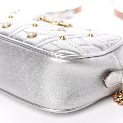 Gucci Metallic Calfskin Matelasse Studded Small Pearly GG Marmont Chain Shoulder Bag Silver 10 of 18