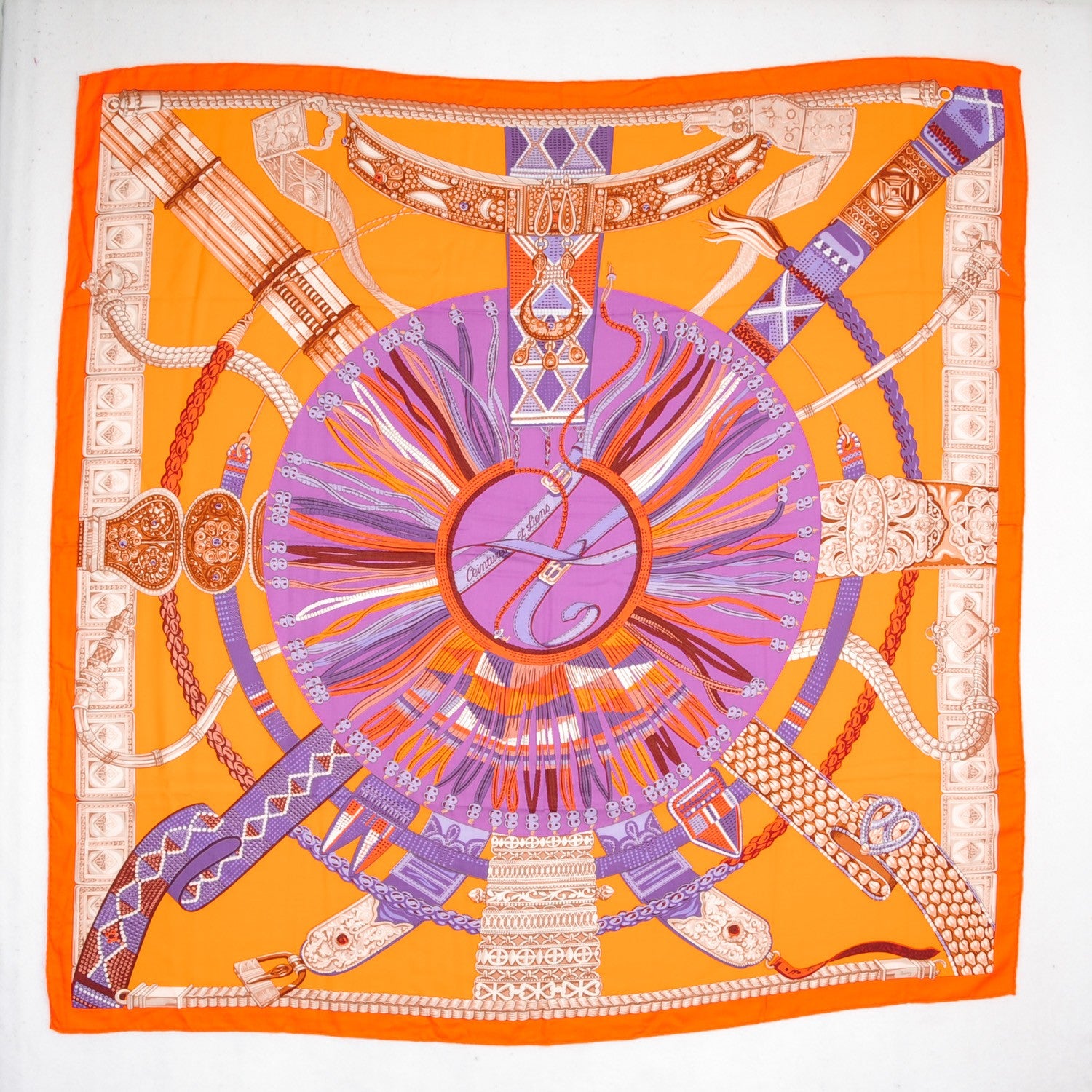 Hermes Cashmere Silk Ceintures et Liens Shawl 140 Orange Bouton D'or Mauve 2 of 16