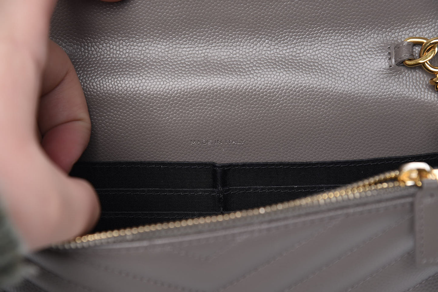 Grain De Poudre Matelasse Chevron Monogram Chain Wallet Fog