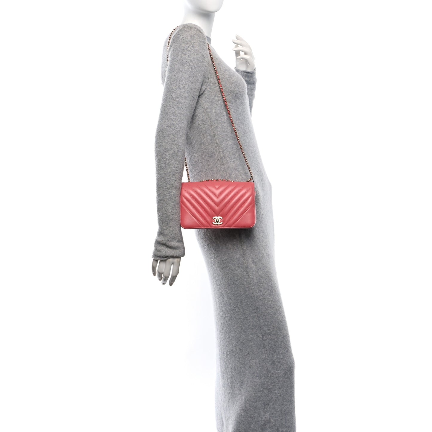 Calfskin Chevron Quilted Mini Statement Flap Pink