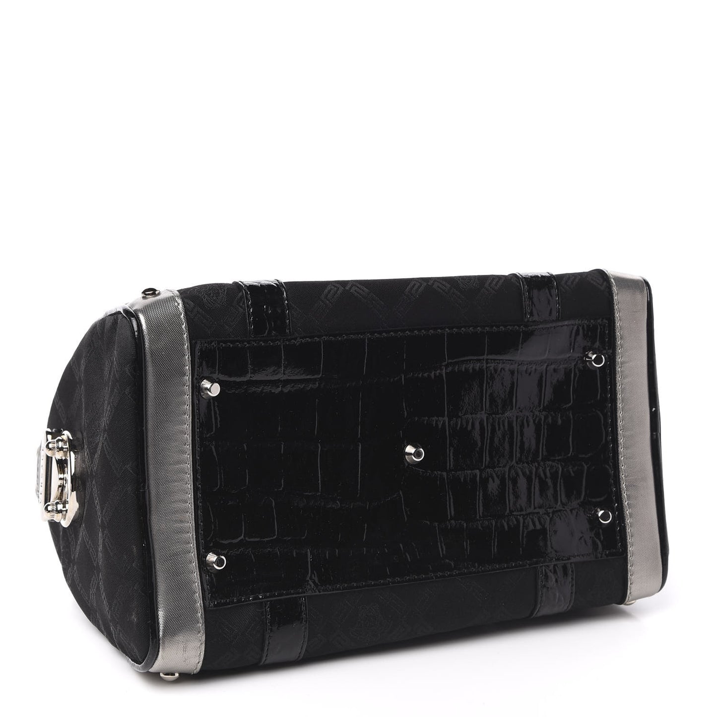 Saffiano Crocodile Embossed Calfskin Nylon Madonna Satchel Black Silver
