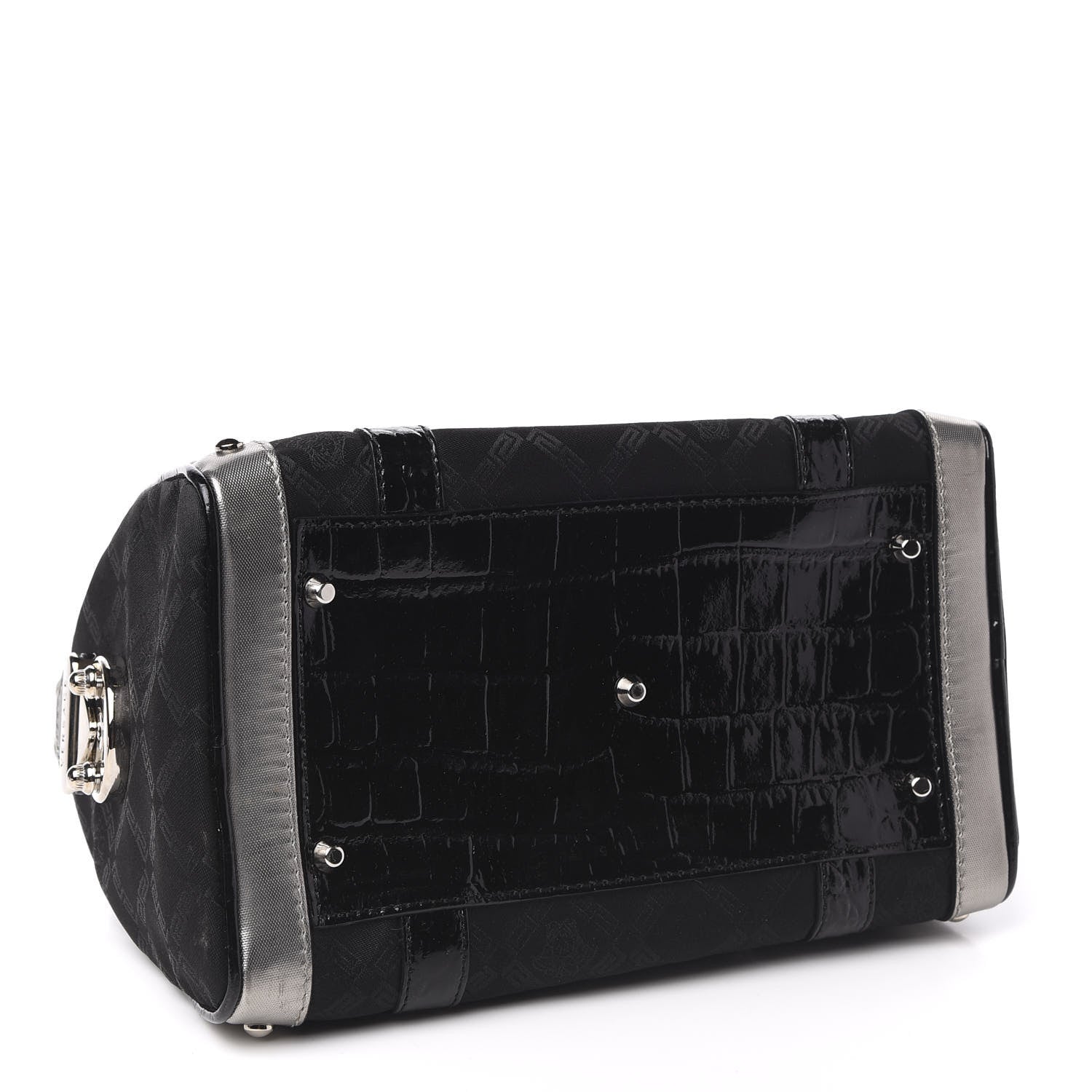 Versace Saffiano Crocodile Embossed Calfskin Nylon Madonna Satchel Black Silver 4 of 11
