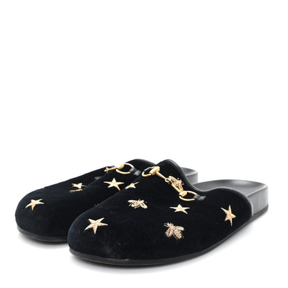 Gucci Softy Velvet Malaga Kid Bee Star Embroidered Womens Horsebit River Slippers 38.5 Black 4 of 9