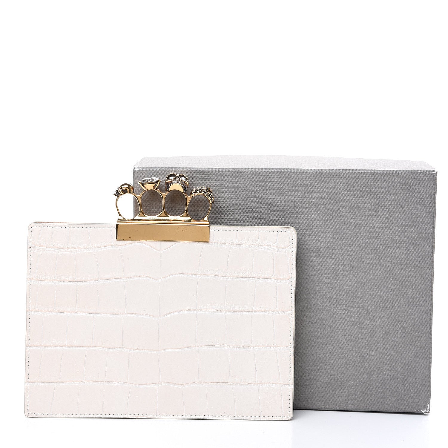 Alexander McQueen Calfskin Crocodile Embossed Knuckle Flat Clutch Ivory 10 of 10