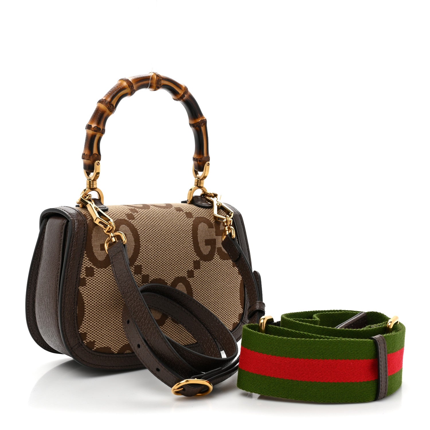 Gucci Monogram Jumbo GG Textured Dollar Calfskin Web Small Bamboo 1947 Top Handle Bag Camel Ebony New Acero 4 of 10