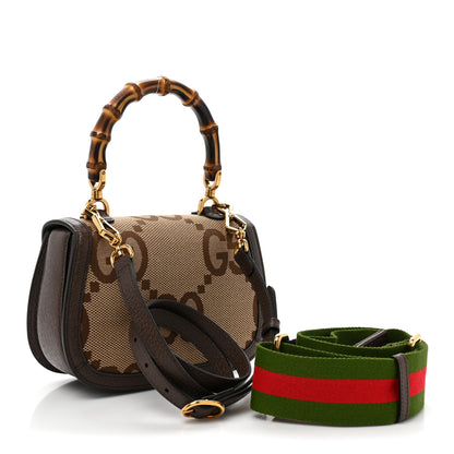 Gucci Monogram Jumbo GG Textured Dollar Calfskin Web Small Bamboo 1947 Top Handle Bag Camel Ebony New Acero 4 of 10