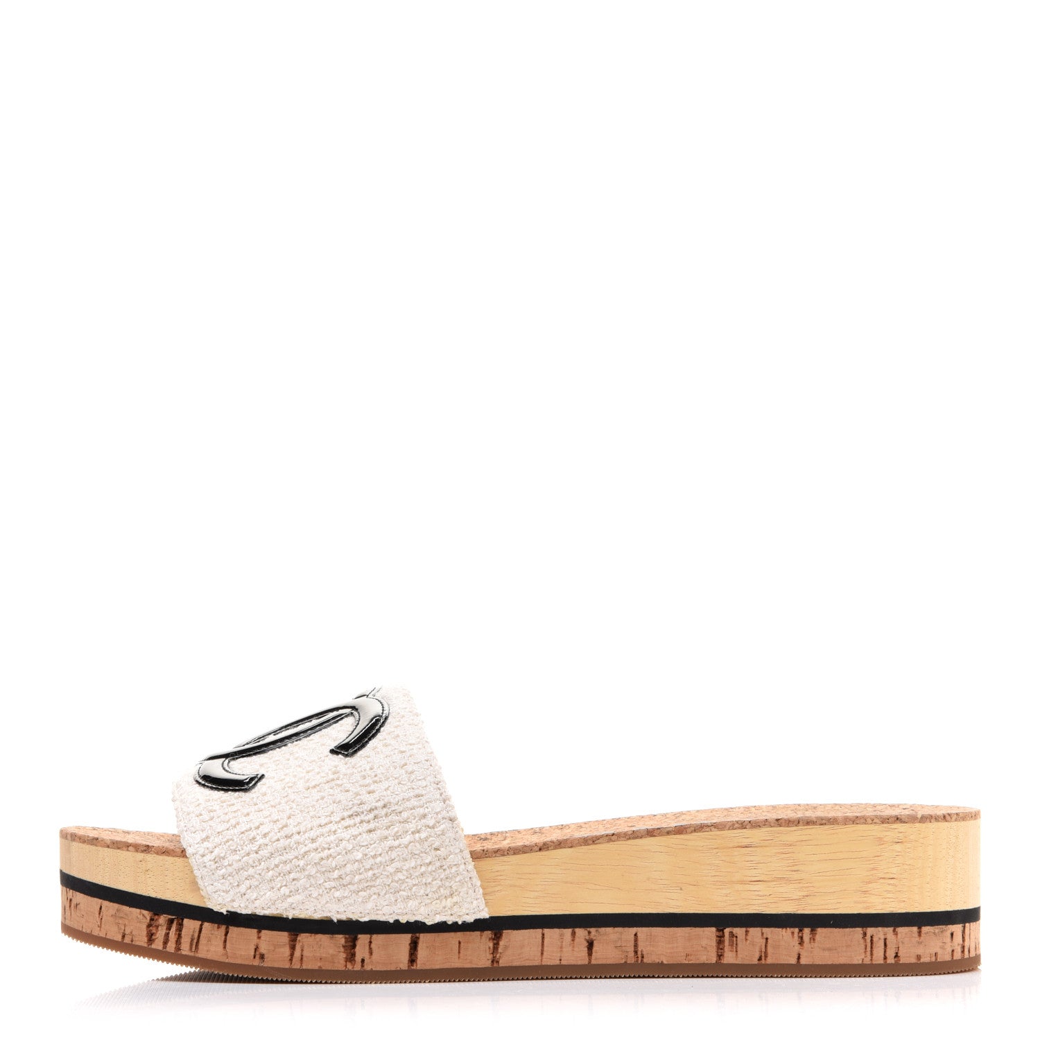 Chanel Tweed Cork CC Mule Sandals 37 White Black 1 of 7