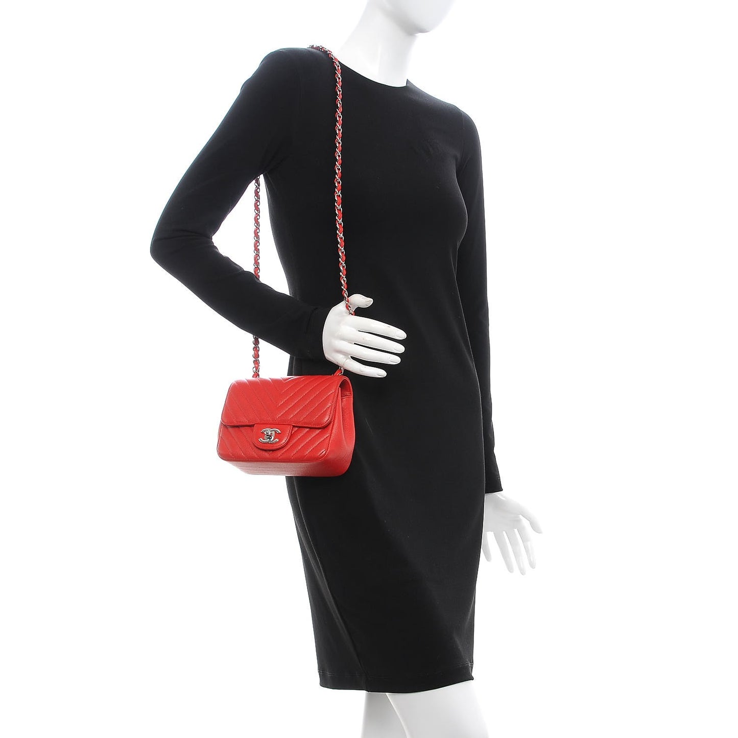 Caviar Chevron Quilted Mini Square Flap Red