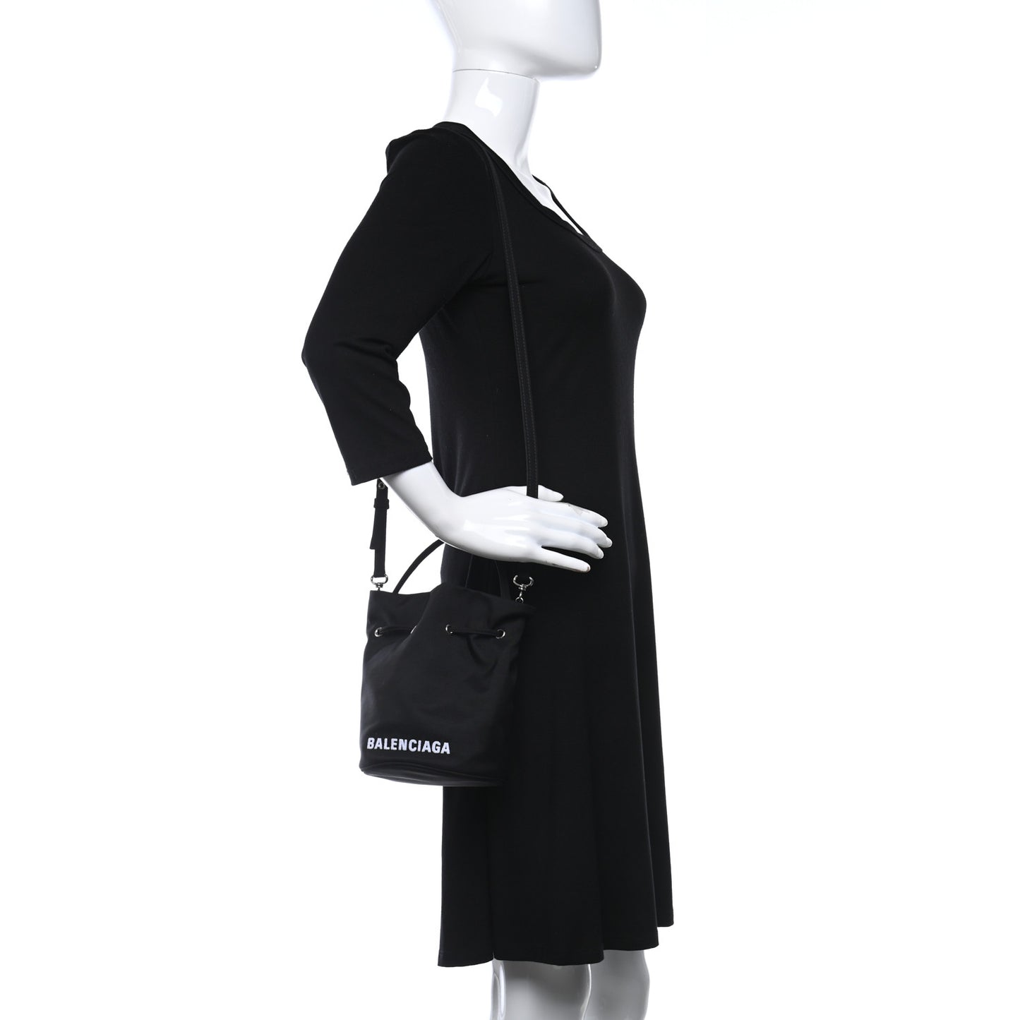 Recycled Sport Nylon Logo Embroidered Wheel Drawstring Bucket Bag Black White