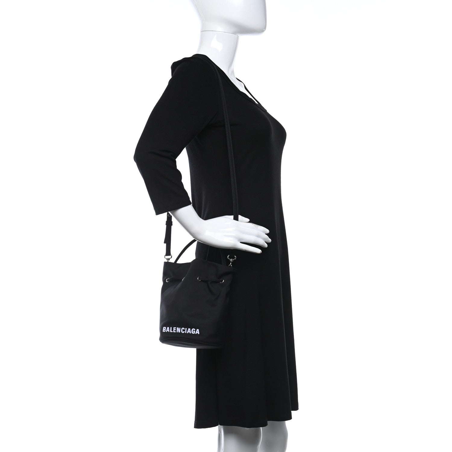 Balenciaga Recycled Sport Nylon Logo Embroidered Wheel Drawstring Bucket Bag Black White 2 of 11