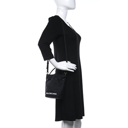 Balenciaga Recycled Sport Nylon Logo Embroidered Wheel Drawstring Bucket Bag Black White 2 of 11