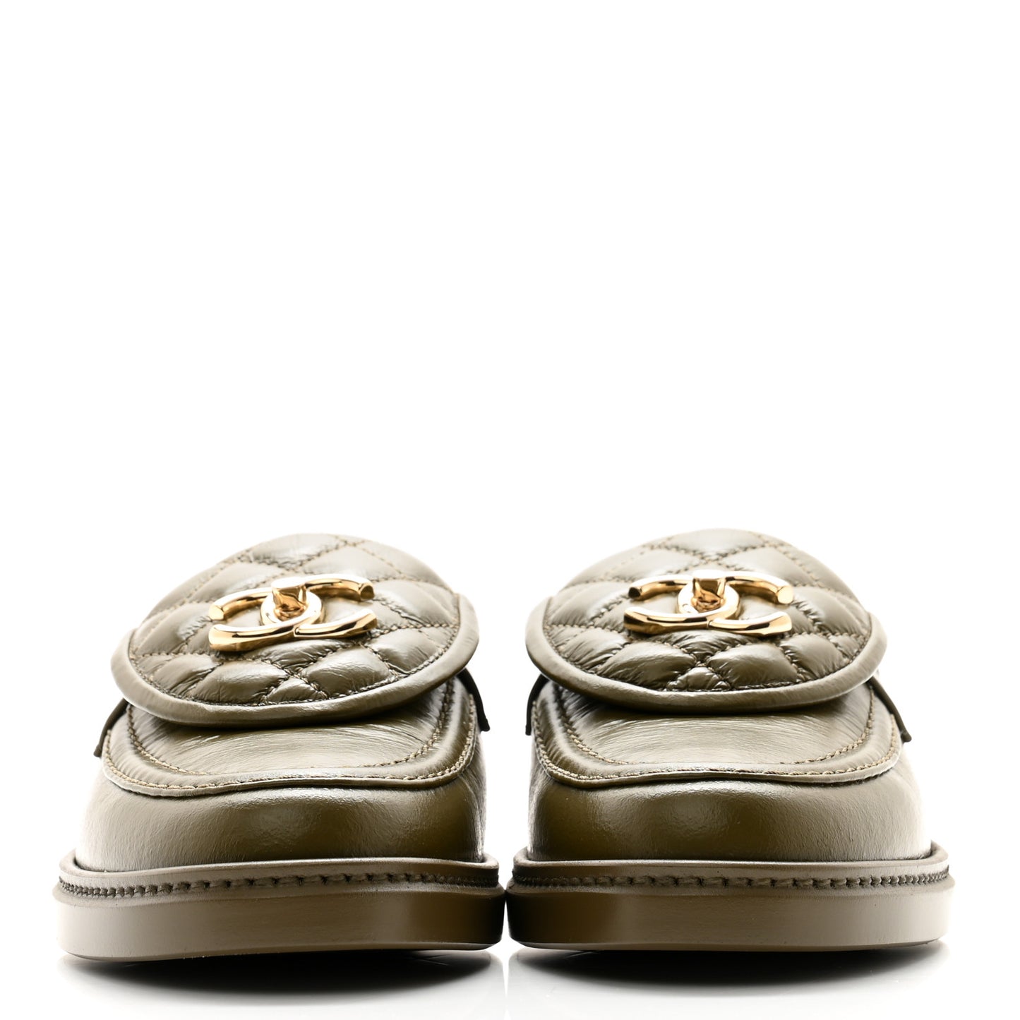 Shiny Crumpled Lambskin Quilted CC Turnlock Moccasins 38 Khaki