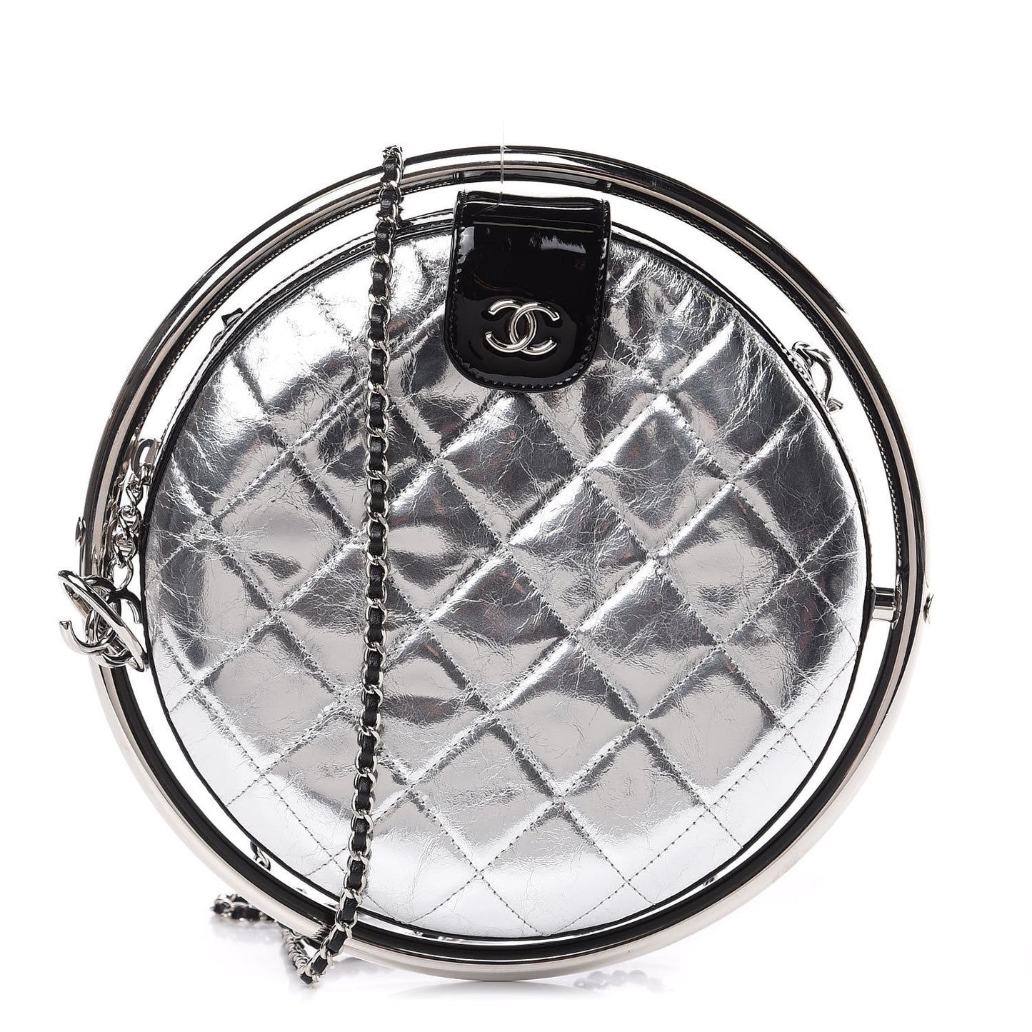 Metallic Aged Calfskin Patent Planet Minaudiere Shoulder Bag Silver
