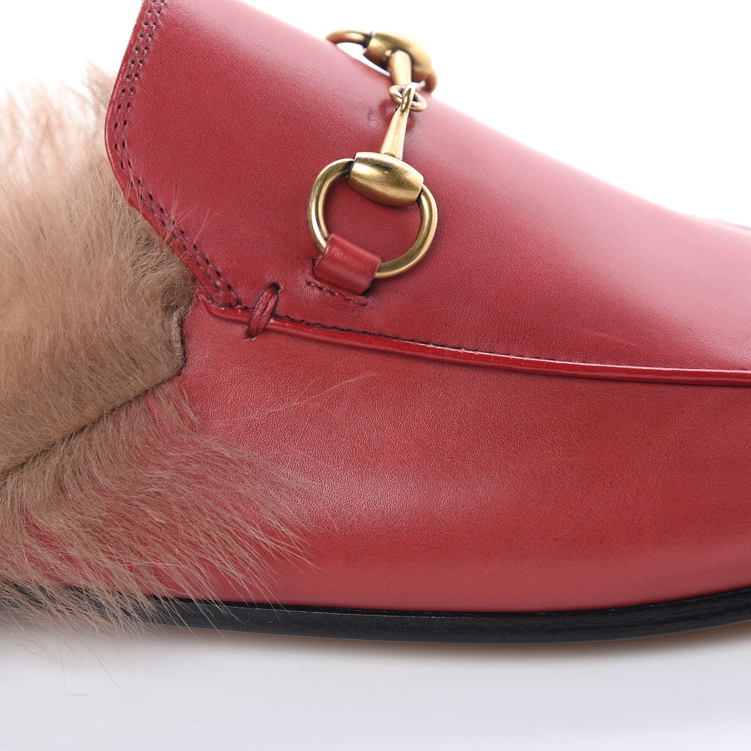 Gucci Betis Glamour Calfskin Fur Womens Princetown Slippers 37 Hibiscus Red Naturale 9 of 12