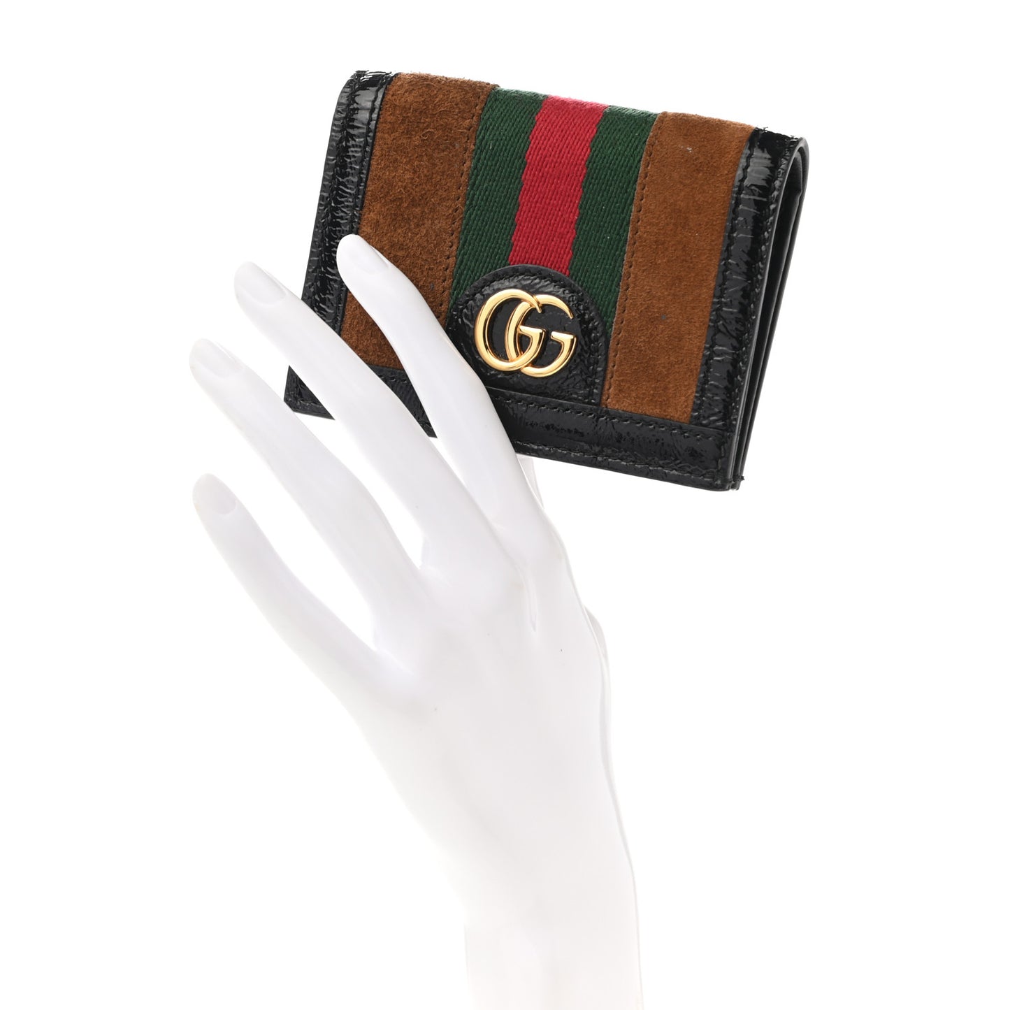 Suede Patent Web Ophidia Card Case Nocciola Black