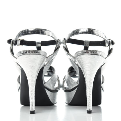 Saint Laurent Metallic Calfskin Lizard Embossed Tribute 75 Platform Sandals 40 Silver 7 of 10