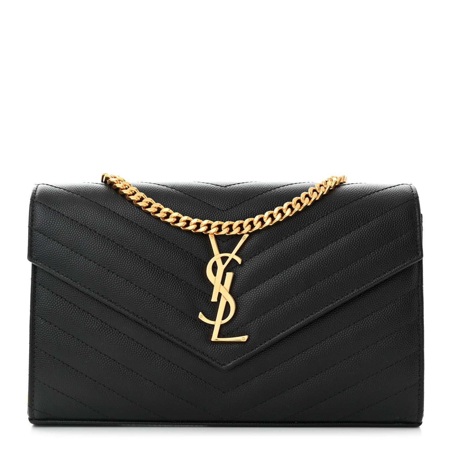 Saint Laurent Grain De Poudre Matelasse Chevron Monogram Chain Wallet Black 1 of 10
