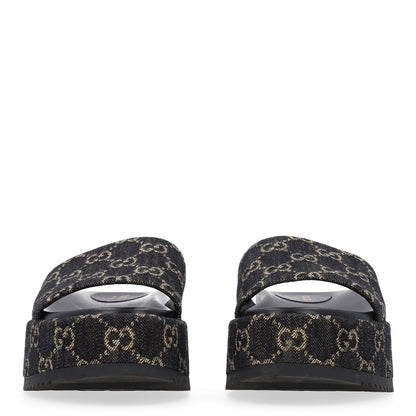 Gucci Jacquard Black Denim GG Monogram Angelina Platform 55mm Slide Sandals 37 Black Ivory 3 of 10