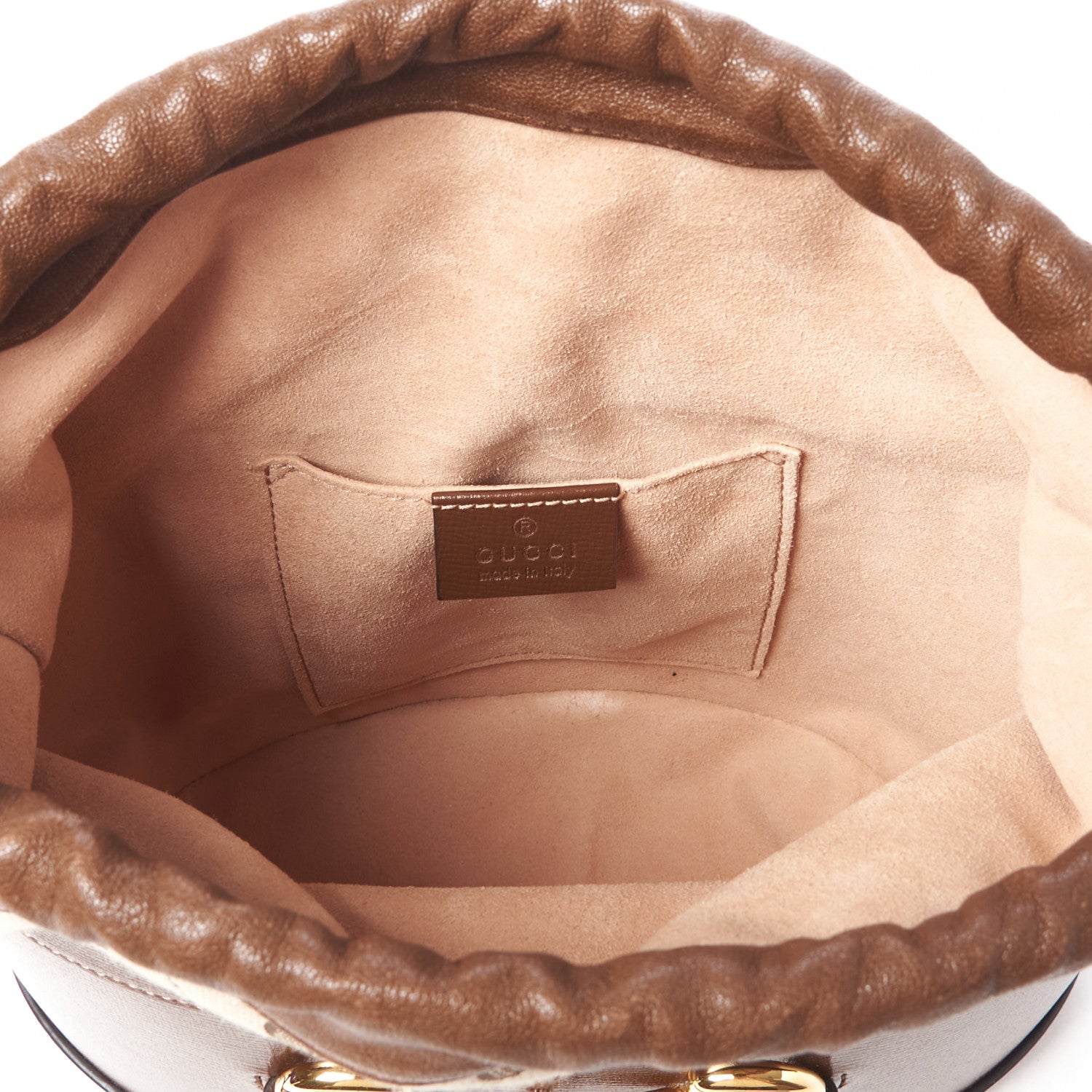 Gucci Monogram Textured Calfskin Horsebit 1955 Drawstring Bucket Bag Beige Brown Sugar 4 of 10