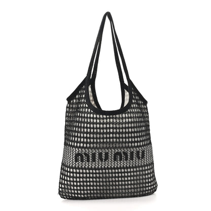 Miu Miu Raffia Effect Linen Logo Ivy Bag Black Natural 1 of 12