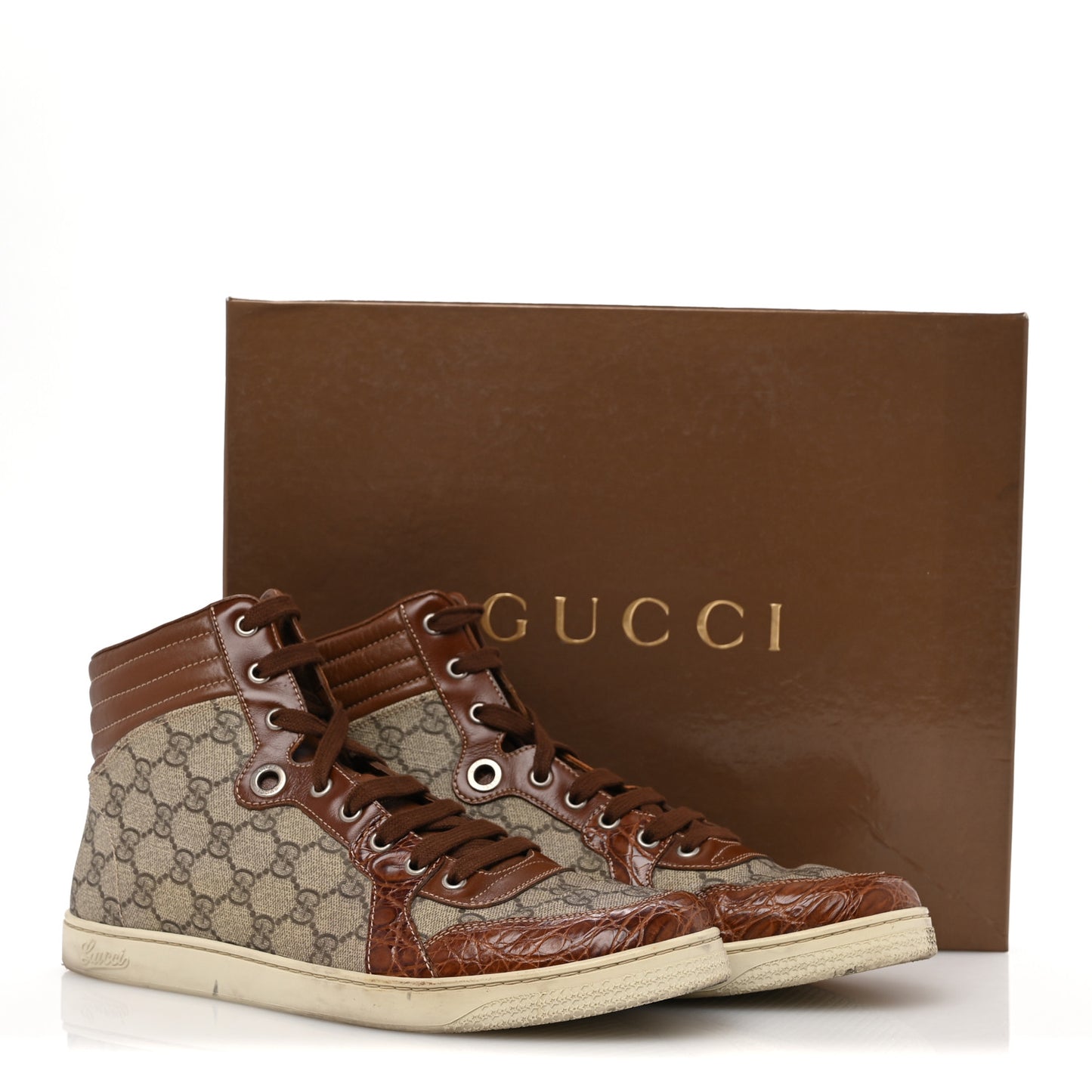 GG Plus Monogram Calfskin Crocodile Embossed Mens Coda High Top Sneakers 10.5 Brown