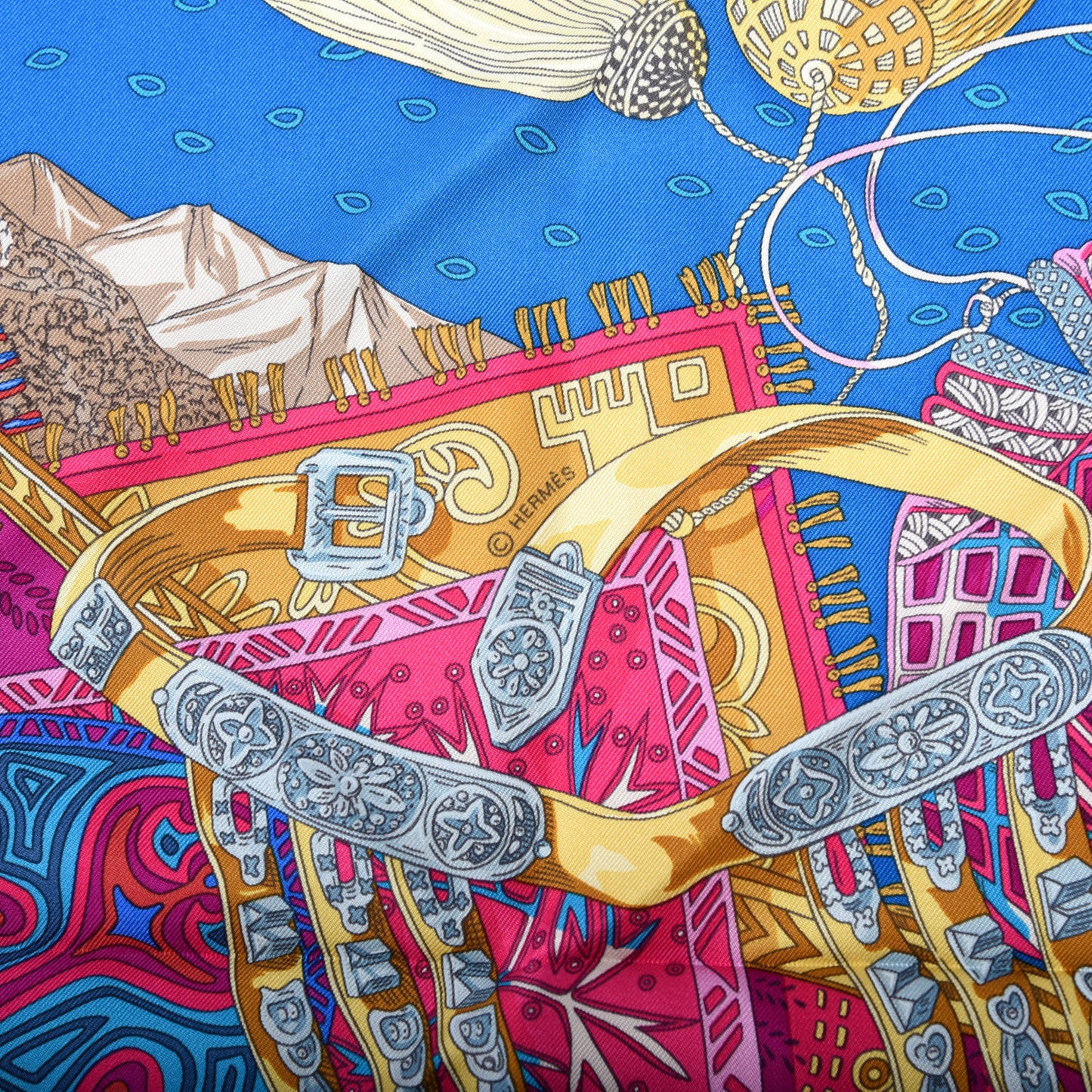 Silk Cavaliers du Caucase Scarf 90 Cobalt Fuchsia Vieil Or