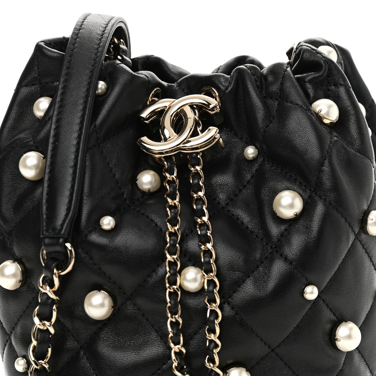 Lambskin Quilted Pearl About Pearls Drawstring Bag Black
